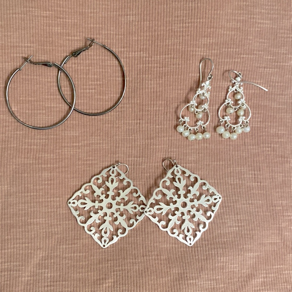 Earrings Multiple Pairs Silver, Pearls, Hoops